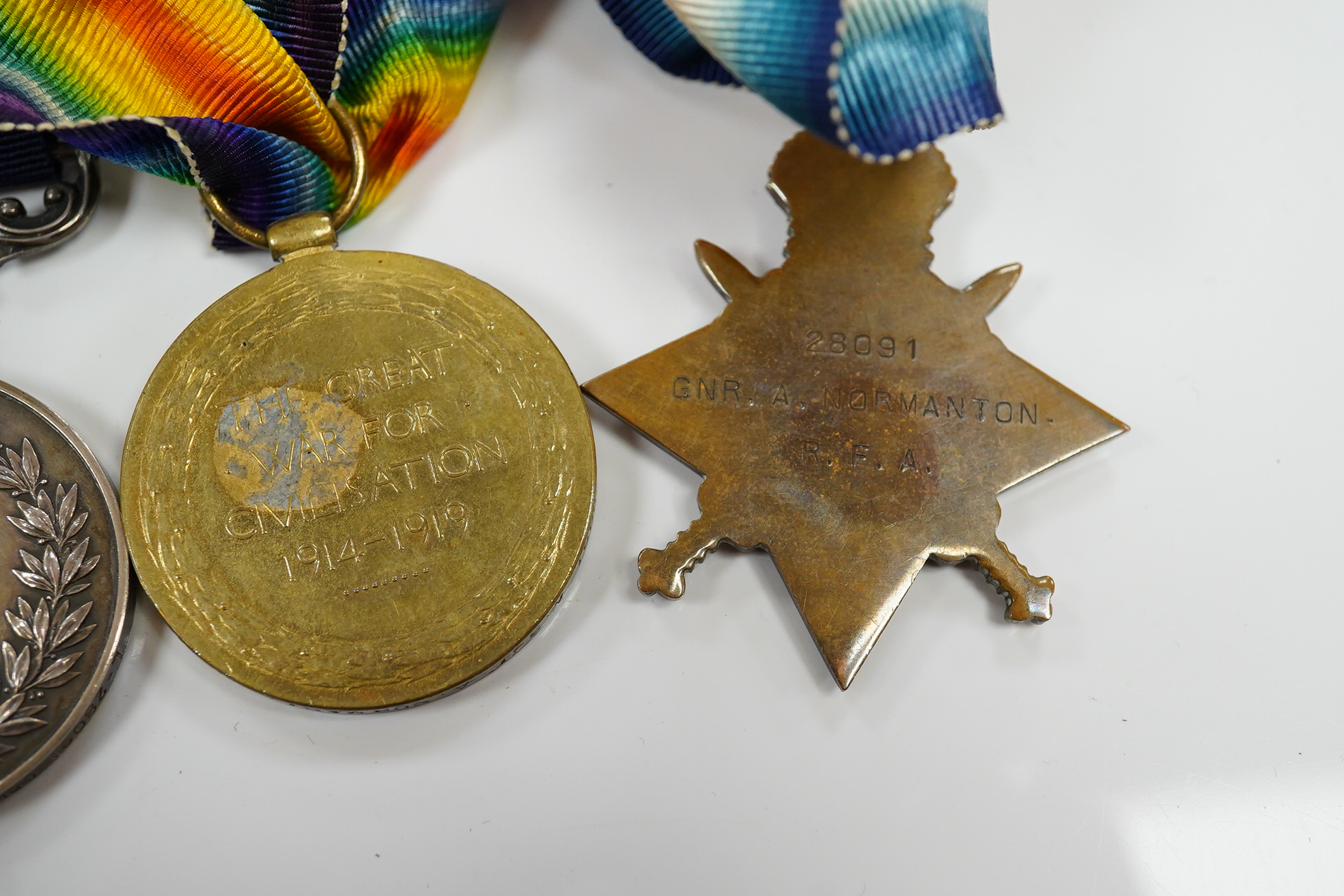 A First World War M.M. medal group awarded to CPL. A. Normanton 168/BDE:R.F.A. comprising of a WWI trio and a Military Medal for bravery in the field. Condition - fair to good